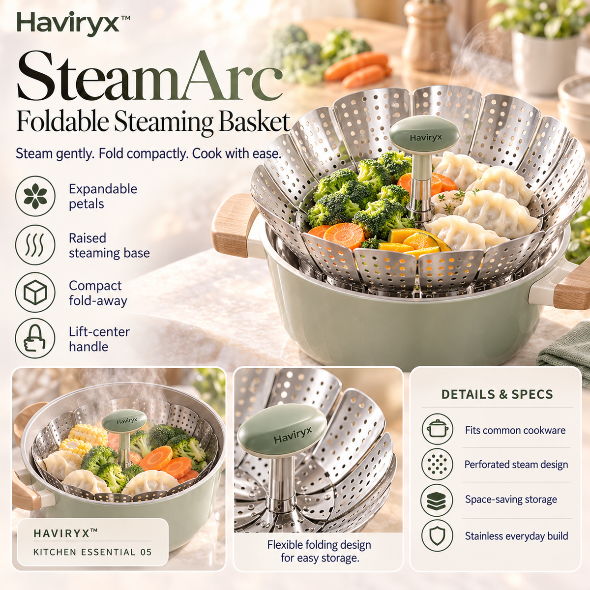 Haviryx™ SteamArc Foldable Steaming Basket