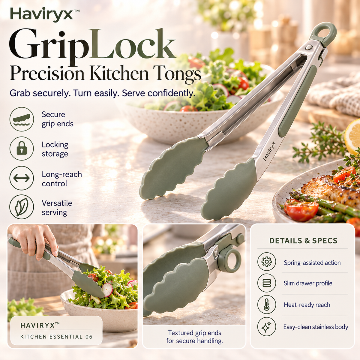 Haviryx™ GripLock Precision Kitchen Tongs