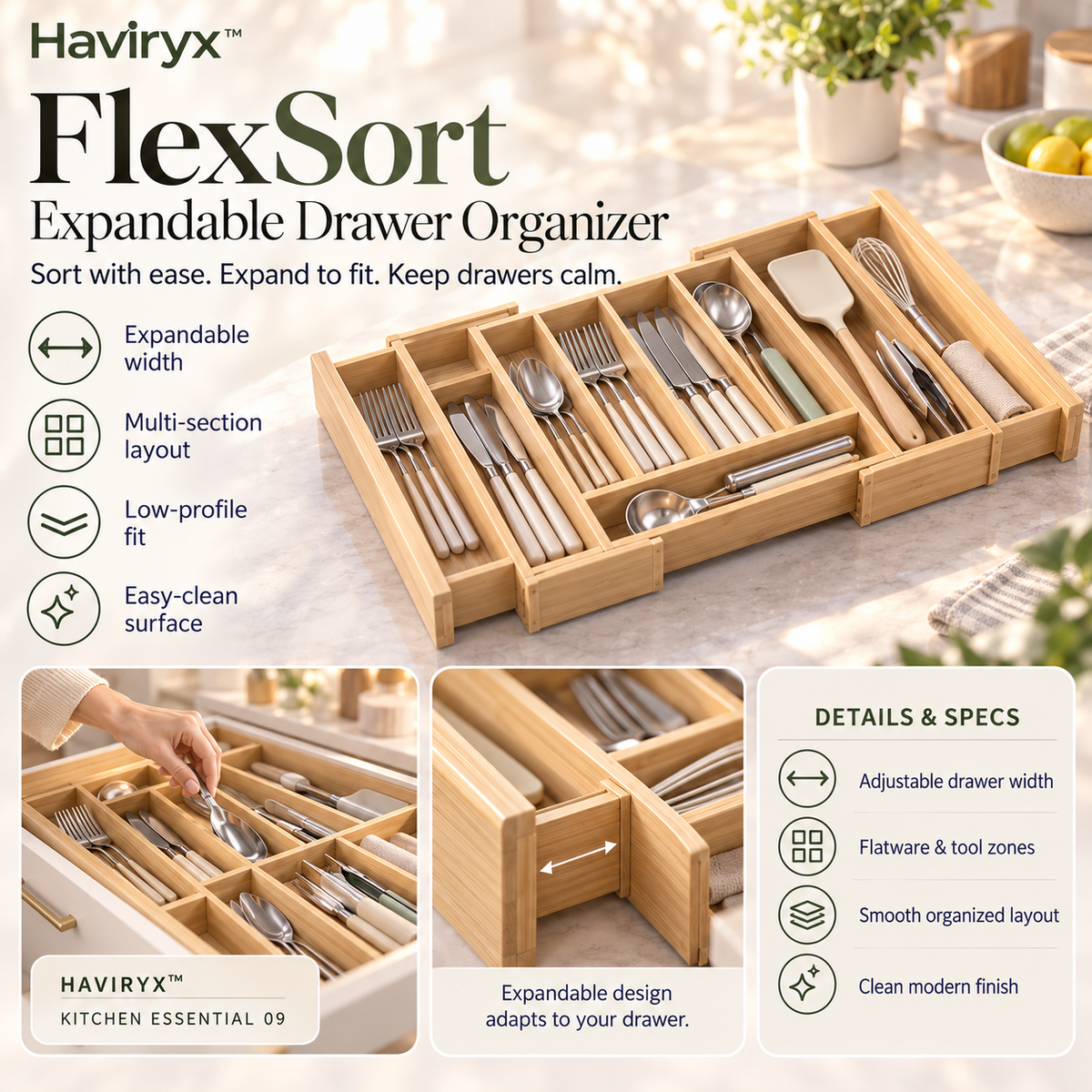 Haviryx™ FlexSort Expandable Drawer Organizer